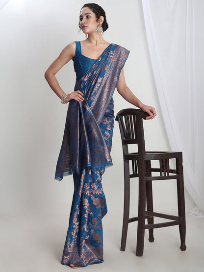 Janasya Blue Silk Blend Floral Jacquard Saree