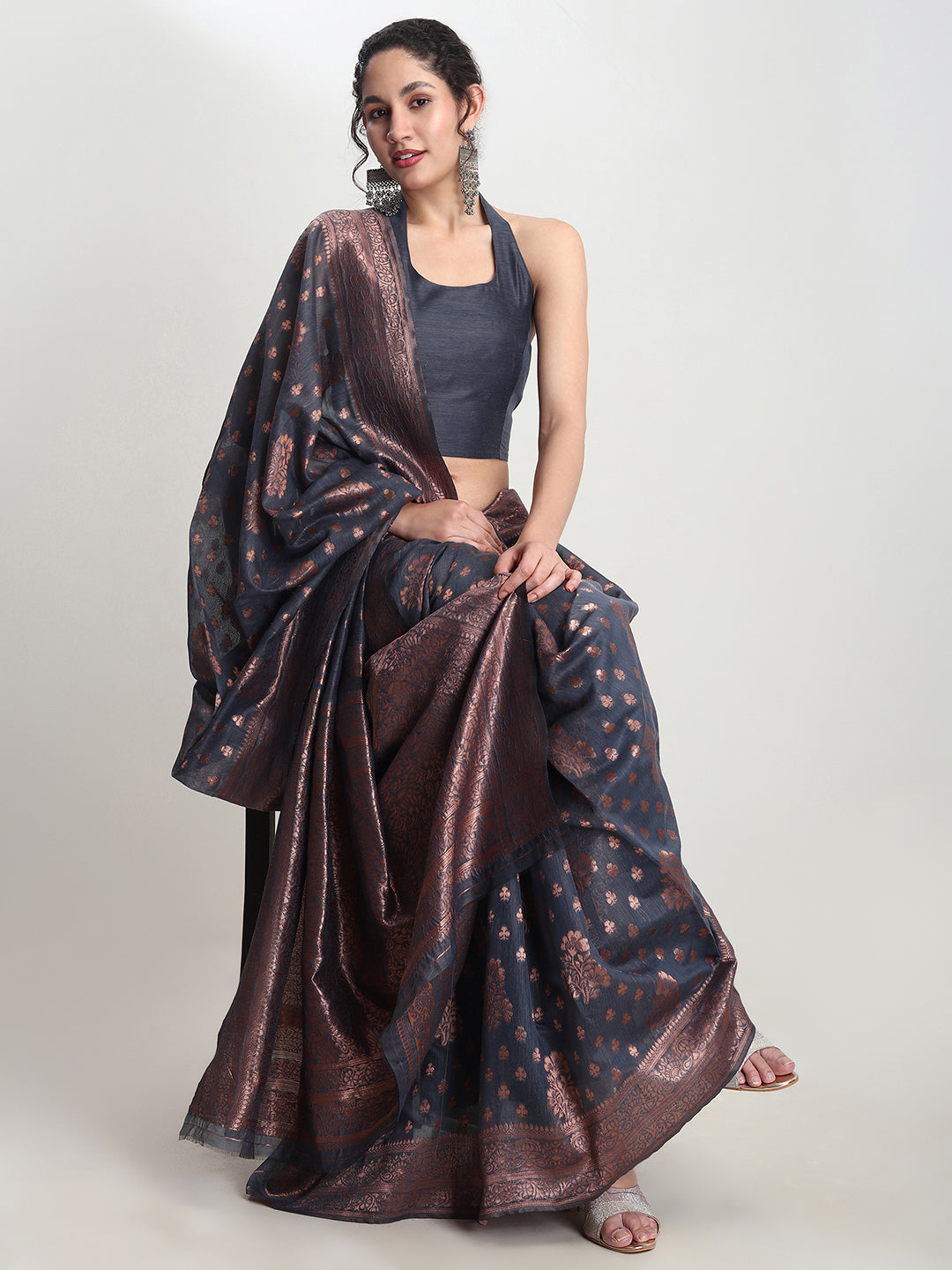 Janasya Grey Silk Blend Floral Jacquard Saree
