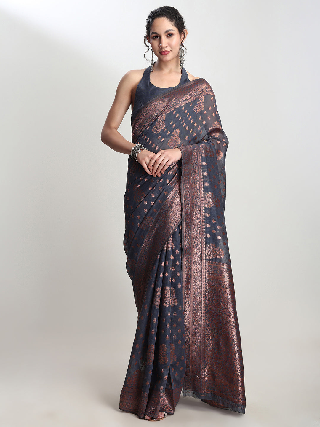 Janasya Grey Silk Blend Floral Jacquard Saree