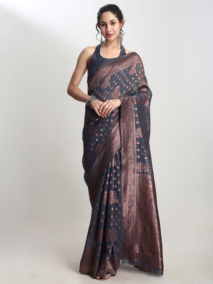 Janasya Grey Silk Blend Floral Jacquard Saree