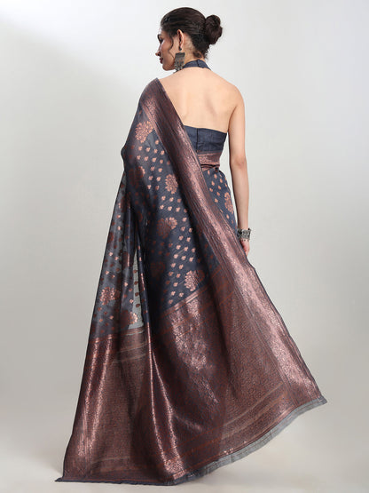 Janasya Grey Silk Blend Floral Jacquard Saree