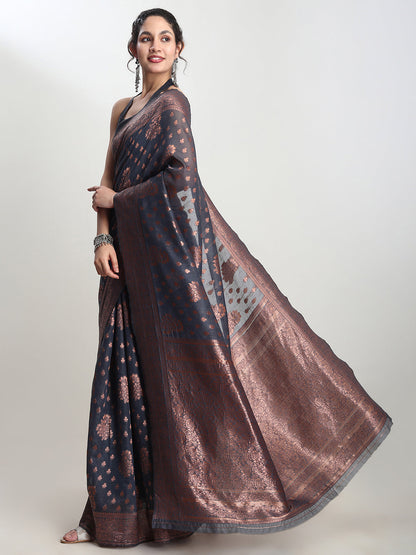 Janasya Grey Silk Blend Floral Jacquard Saree
