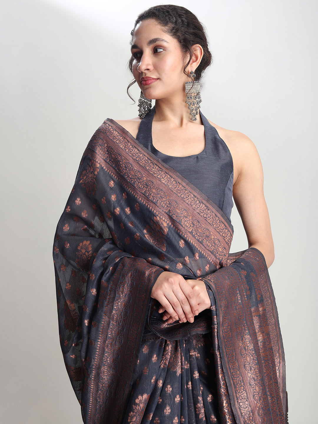 Janasya Grey Silk Blend Floral Jacquard Saree