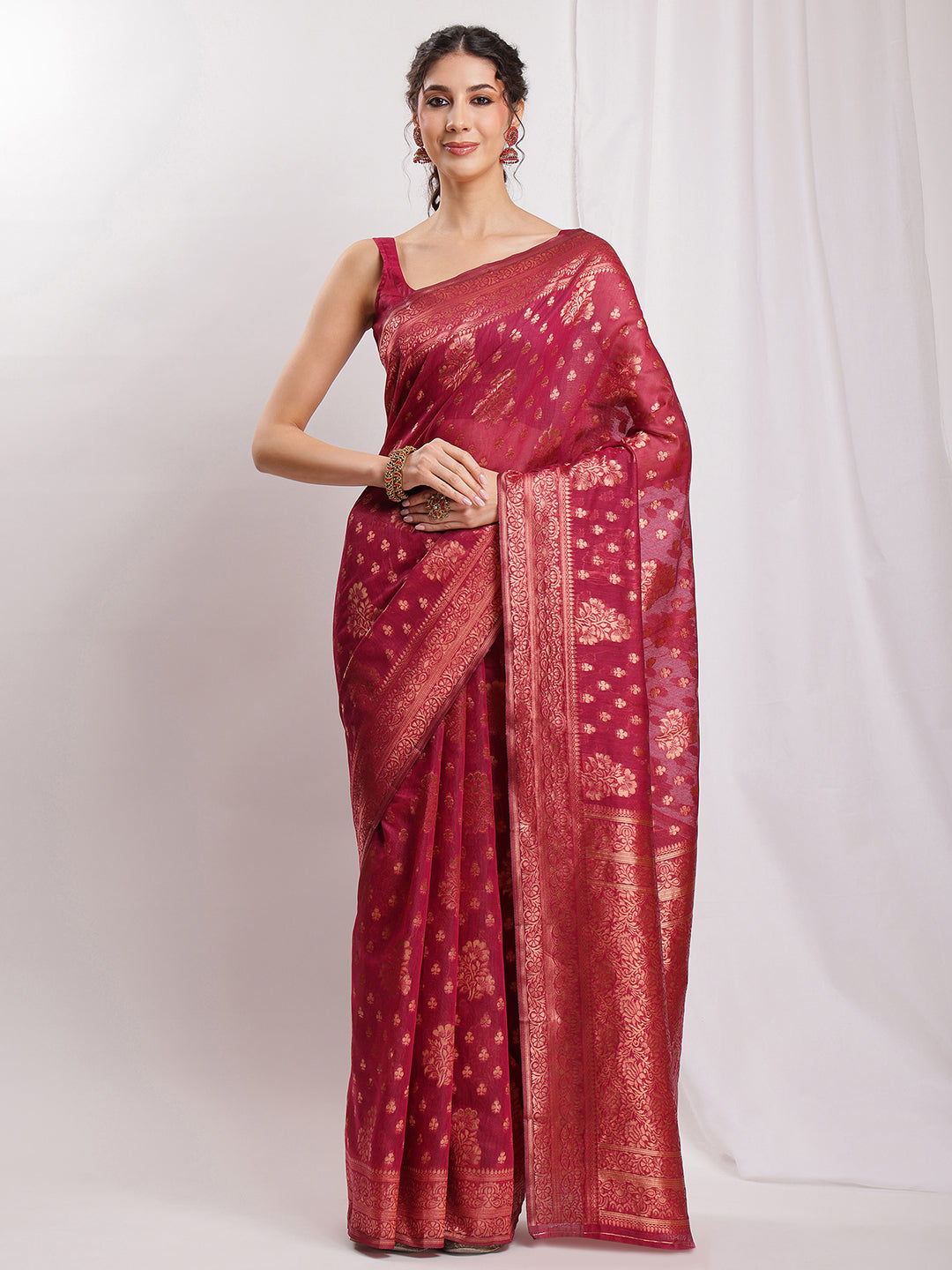 Janasya Fuchsia Silk Blend Floral Jacquard Saree