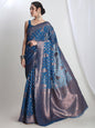 Janasya Teal Blue Silk Blend Floral Jacquard Saree
