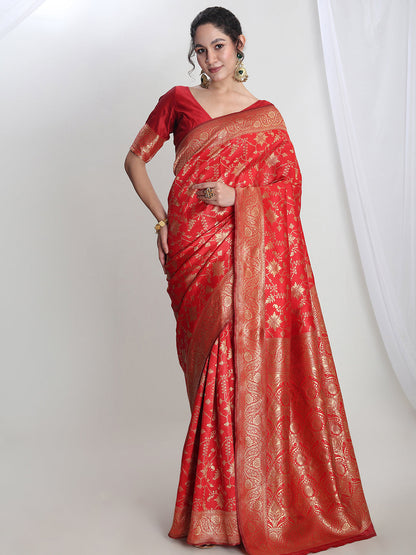 Janasya Red Silk Blend Geometric Jacquard Saree