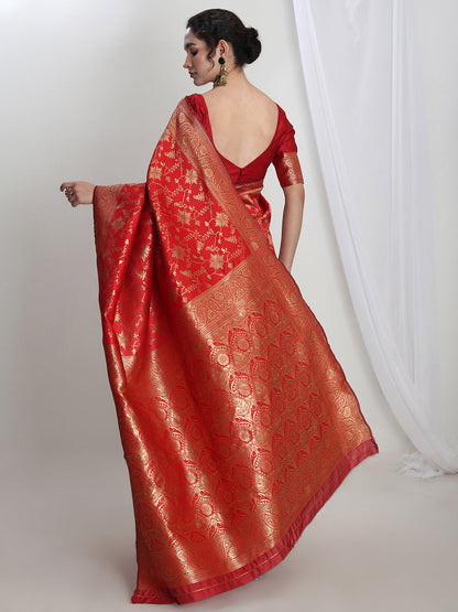 Janasya Red Silk Blend Geometric Jacquard Saree