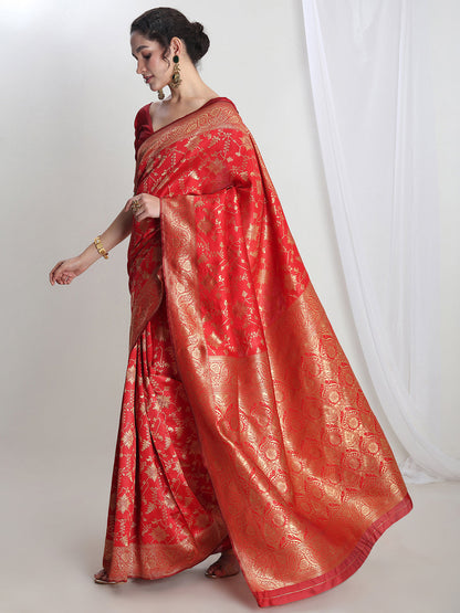 Janasya Red Silk Blend Geometric Jacquard Saree