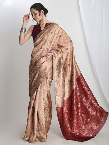 Janasya Beige Silk Blend Floral Jacquard Saree