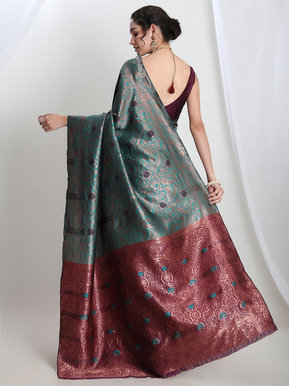 Janasya Sea Green Silk Blend Floral Jacquard Saree