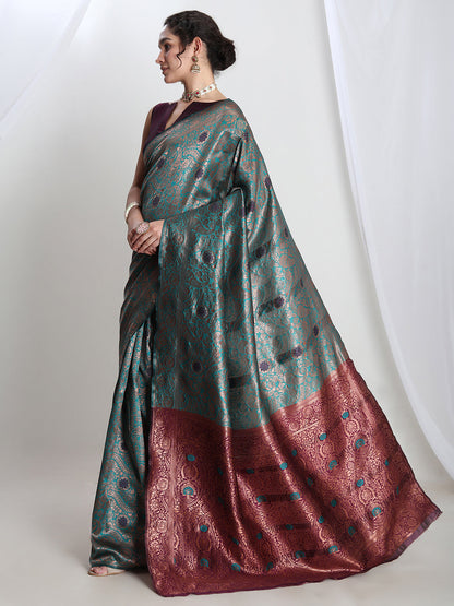 Janasya Sea Green Silk Blend Floral Jacquard Saree