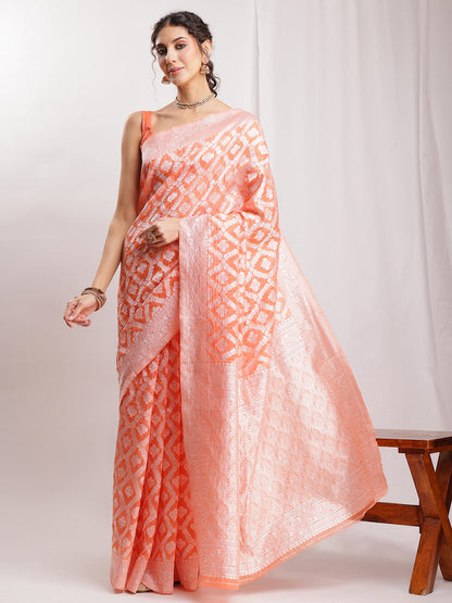 Janasya Peach Silk Blend Floral Jacquard Saree