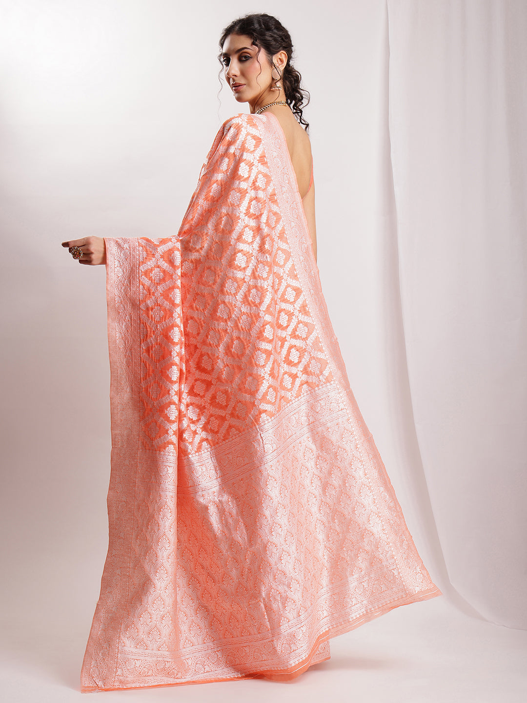 Janasya Peach Silk Blend Floral Jacquard Saree