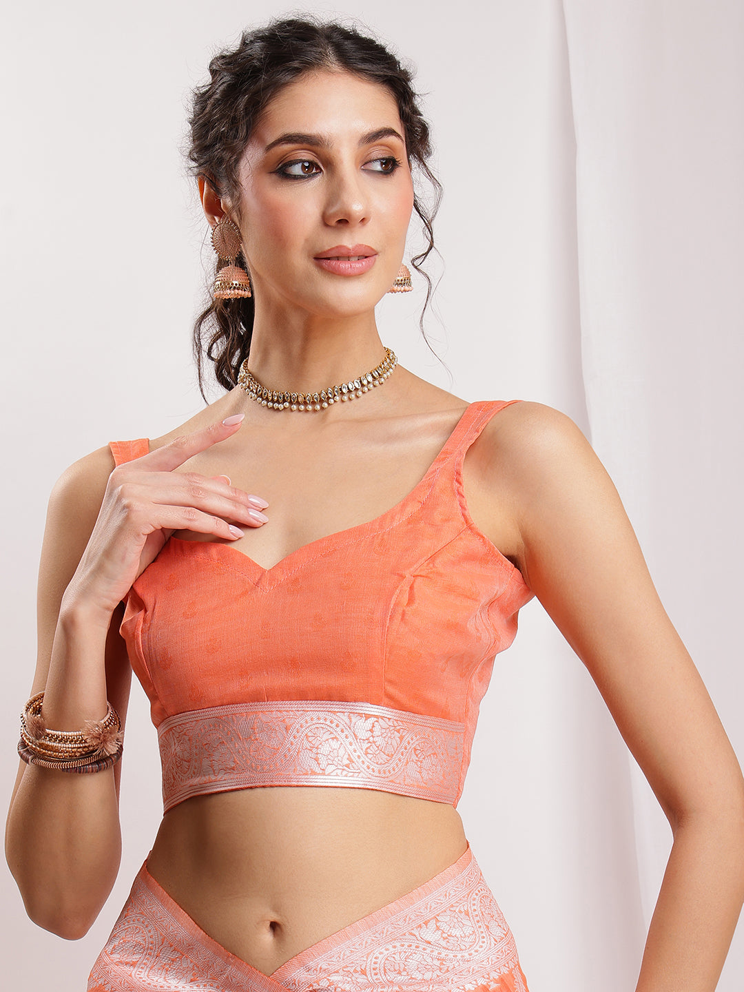 Janasya Peach Silk Blend Floral Jacquard Saree