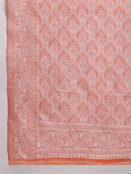 Janasya Peach Silk Blend Floral Jacquard Saree