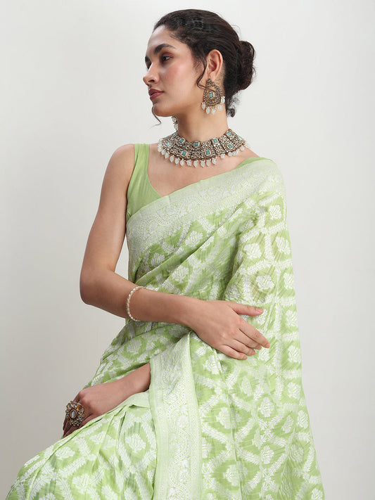 Janasya Light Green Silk Blend Floral Jacquard Saree
