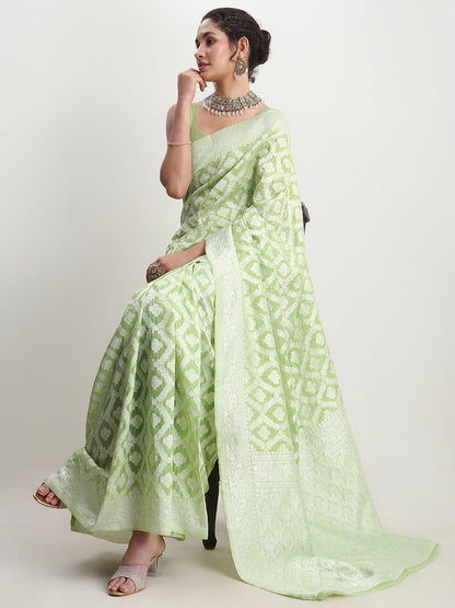 Janasya Light Green Silk Blend Floral Jacquard Saree
