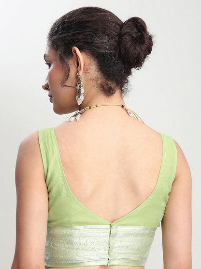 Janasya Light Green Silk Blend Floral Jacquard Saree