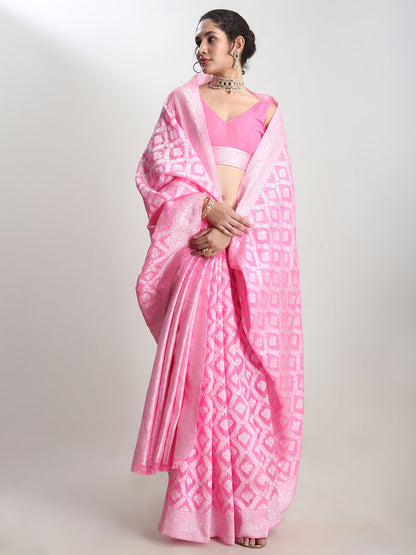 Janasya Pink Silk Blend Floral Jacquard Saree