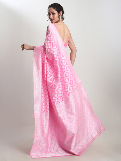 Janasya Pink Silk Blend Floral Jacquard Saree