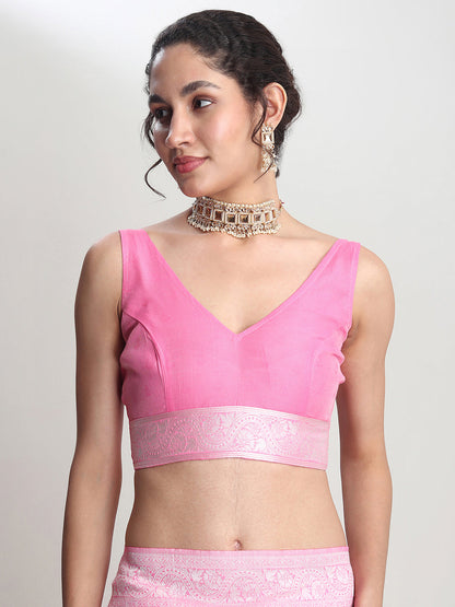 Janasya Pink Silk Blend Floral Jacquard Saree