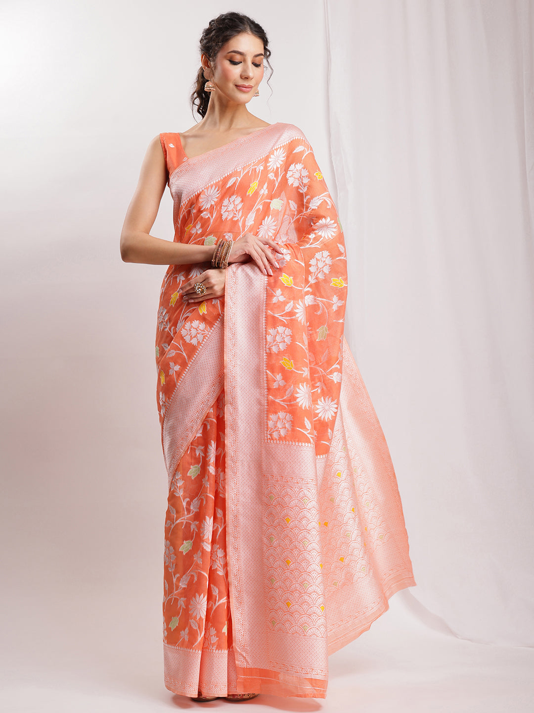 Janasya Peach Silk Blend Floral Jacquard Saree