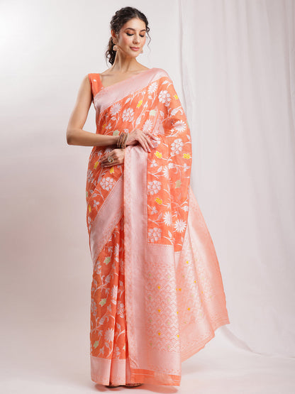 Janasya Peach Silk Blend Floral Jacquard Saree