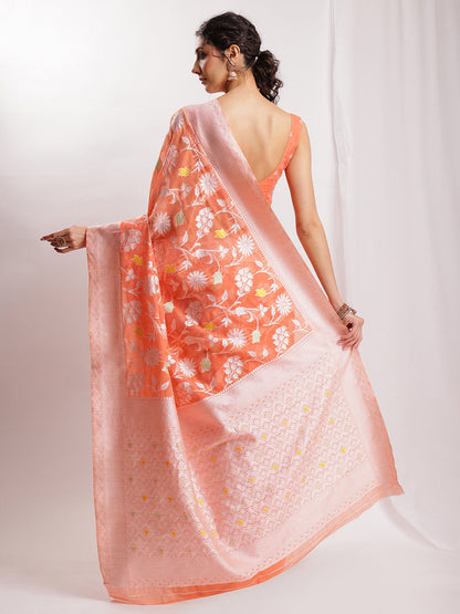 Janasya Peach Silk Blend Floral Jacquard Saree