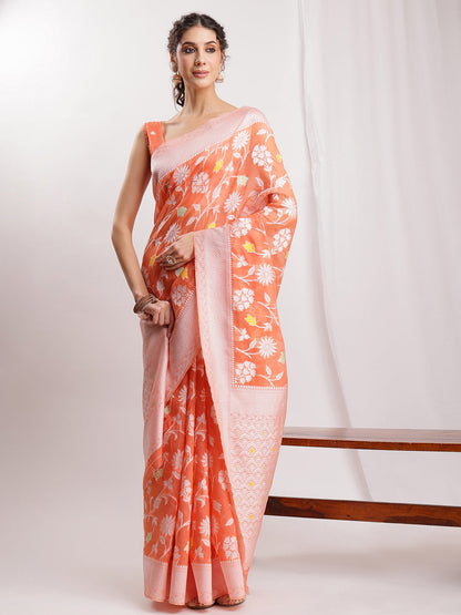 Janasya Peach Silk Blend Floral Jacquard Saree