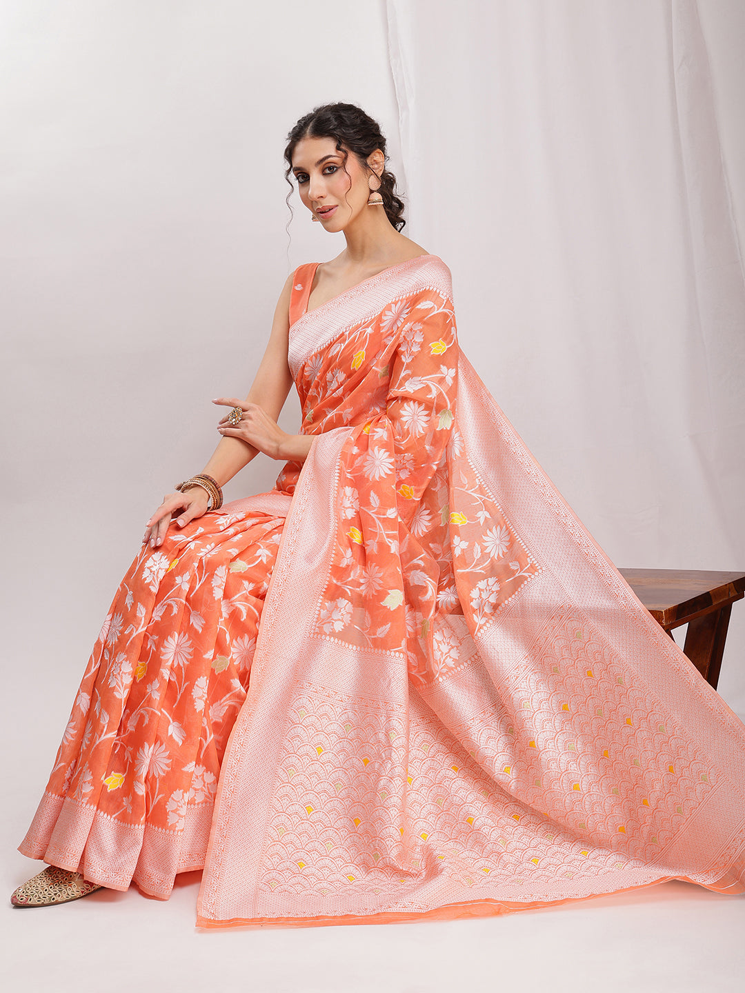 Janasya Peach Silk Blend Floral Jacquard Saree