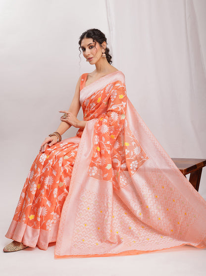 Janasya Peach Silk Blend Floral Jacquard Saree