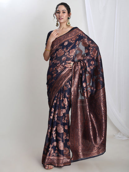 Janasya Navy Blue Silk Blend Floral Jacquard Saree