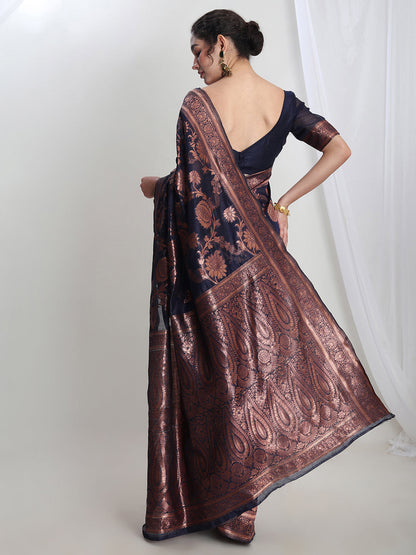 Janasya Navy Blue Silk Blend Floral Jacquard Saree