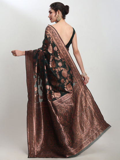 Janasya Dark Green Silk Blend Floral Jacquard Saree