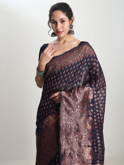 Janasya Indigo Silk Blend Floral Jacquard Saree