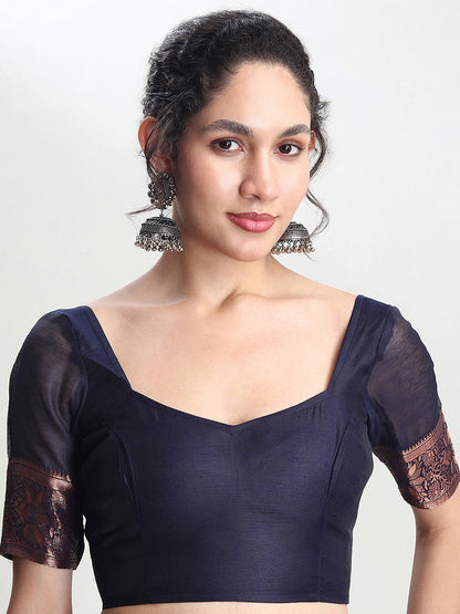 Janasya Indigo Silk Blend Floral Jacquard Saree