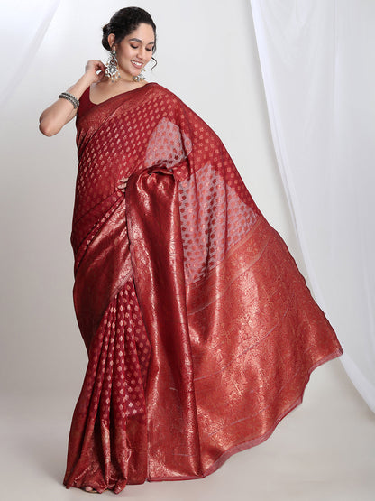 Janasya Red Silk Blend Floral Jacquard Saree