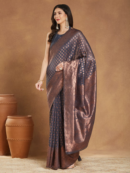 Janasya Dark Grey Silk Blend Floral Jacquard Saree