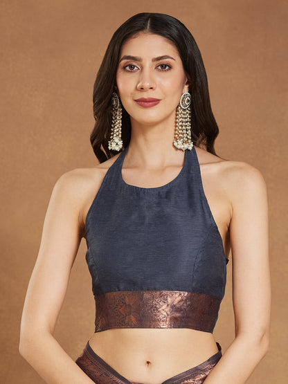 Janasya Dark Grey Silk Blend Floral Jacquard Saree