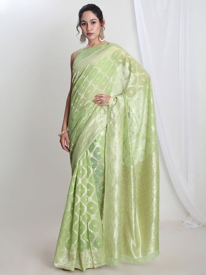 Janasya Light Green Silk Blend Geometric Jacquard Saree