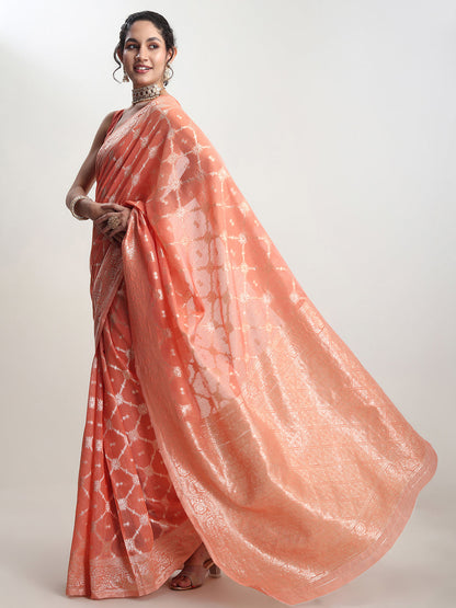 Janasya Peach Silk Blend Geometric Jacquard Saree