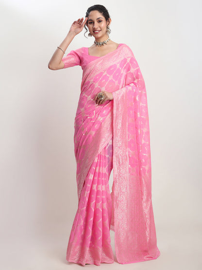 Janasya Pink Silk Blend Geometric Jacquard Saree