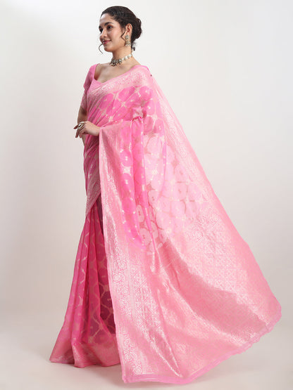 Janasya Pink Silk Blend Geometric Jacquard Saree