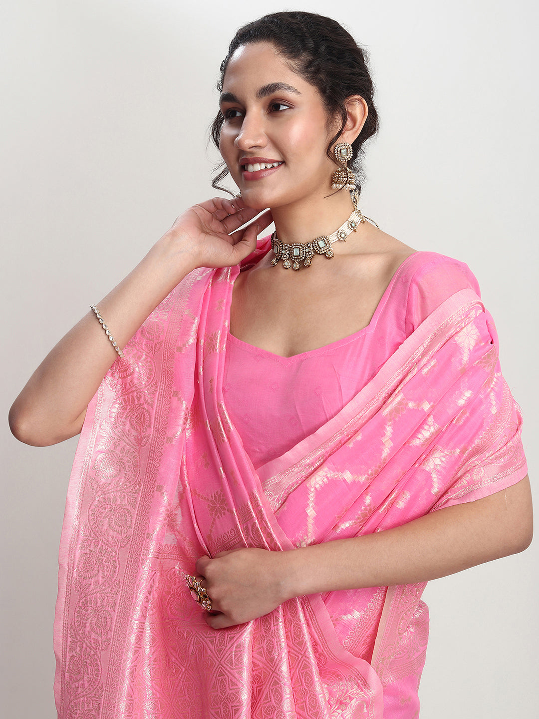 Janasya Pink Silk Blend Geometric Jacquard Saree