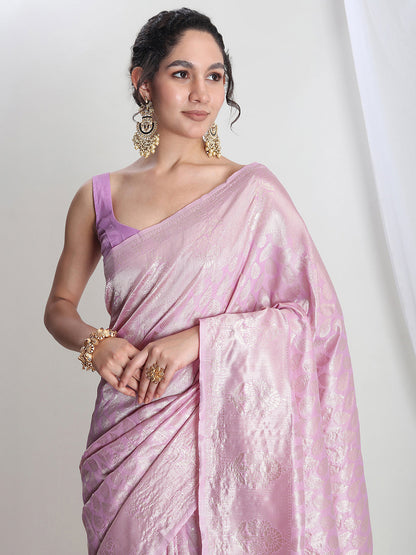 Janasya Lavender Silk Blend Leaf Motifs Jacquard Saree