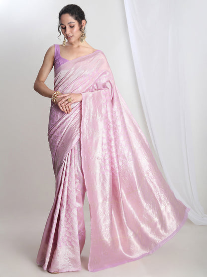 Janasya Lavender Silk Blend Leaf Motifs Jacquard Saree