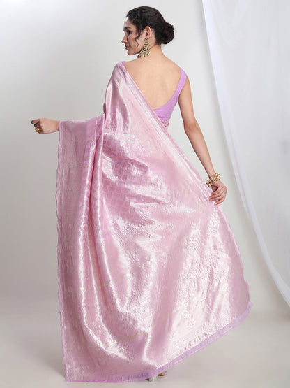 Janasya Lavender Silk Blend Leaf Motifs Jacquard Saree