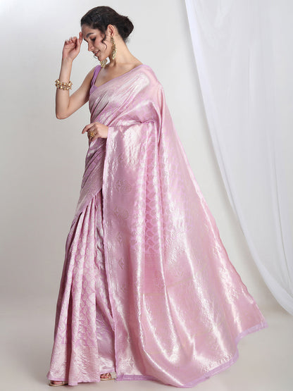 Janasya Lavender Silk Blend Leaf Motifs Jacquard Saree