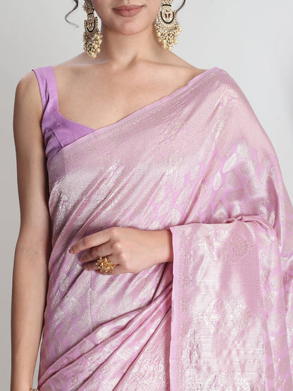 Janasya Lavender Silk Blend Leaf Motifs Jacquard Saree
