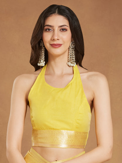 Janasya Yellow Silk Blend Leaf Motifs Jacquard Saree